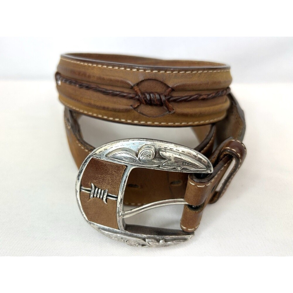 Justin "Fenced In" Barbed Wire Leather Belt Brown Silver Buckle Men's 34